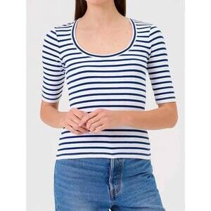 NEW GOLDIE LEWINTER rib half sleeve scoop neck top in striped